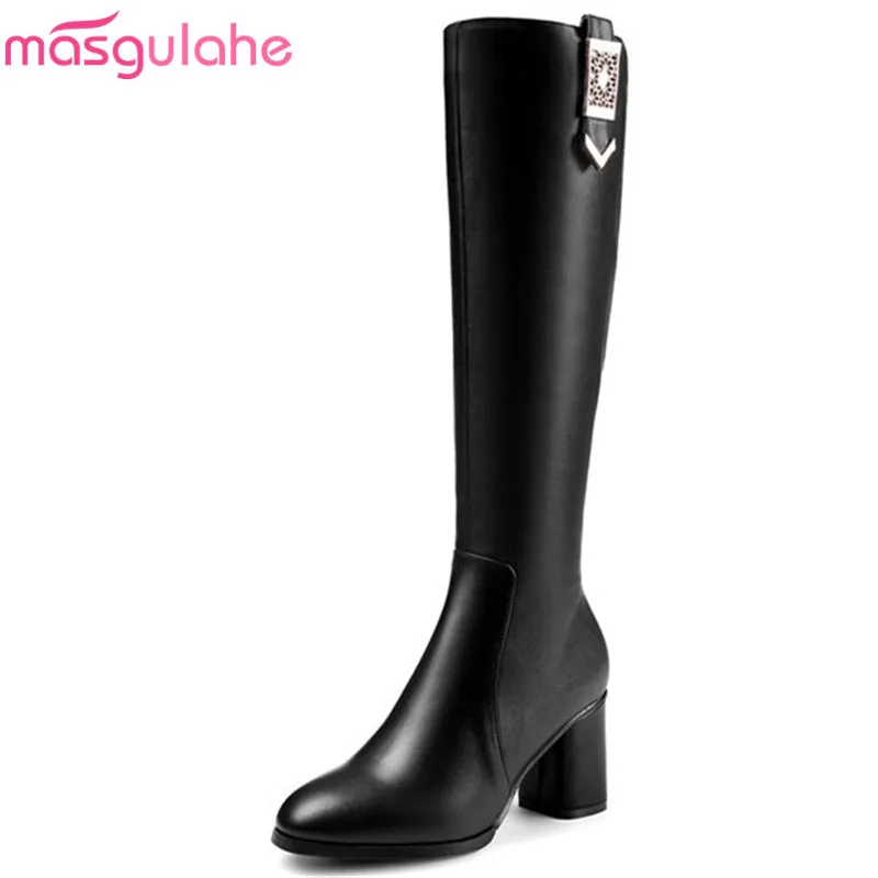 

Masgulahe 2018 knee high boots round toe genuine leather boots female side zipper winter boots womens shoes large size 34-42