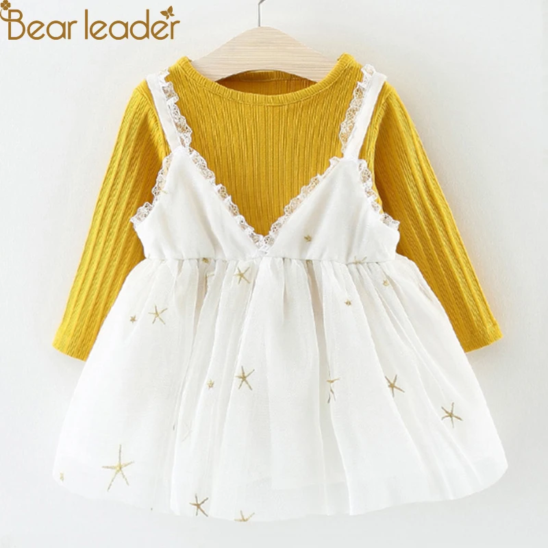 Bear leader/платья для девочек; Новинка г.; одежда для маленьких девочек; сетчатая детская одежда для малышей; платье с длинными рукавами и милым принтом для маленьких девочек