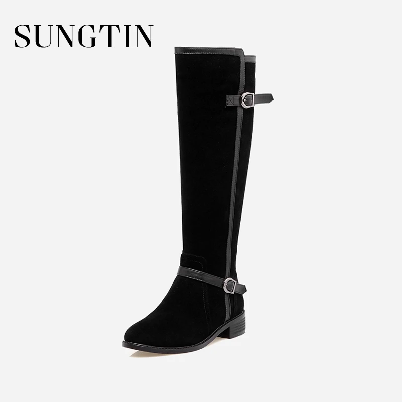 Sungtin Classic All Match Knee-High Boots Women Casual Buckle Zipper Moto Riding Boots Lady High Quality Suede Long Boots