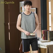 Простой стиль пижамы для мужчин лето г. Новая модная Домашняя одежда без рукавов плюс размеры 3xl 4xl пижамы хлопковый комплект