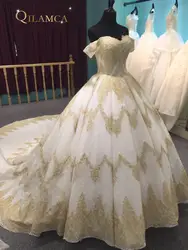 Qilamca Последним с плеча короткий рукав великолепные с кружевной аппликацией бальное платье свадебное платье 2018 реальное изображение Casamento