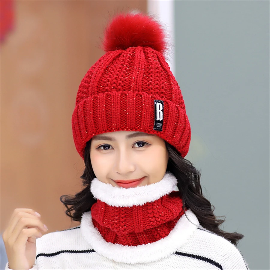 New Brand Winter knit Beanies Hat Women Thick Warm Beanie Skullies Hat Female Letters Bonnet Beanie Caps Outdoor Riding Sets Bib