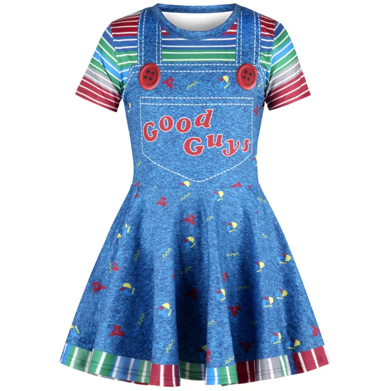 

Halloween Cosplay Scary Costume For Kids Girls Children's Play Chucky Good Guys 3D Printed Cosplay Dress Fake 2 Pieces Dresses