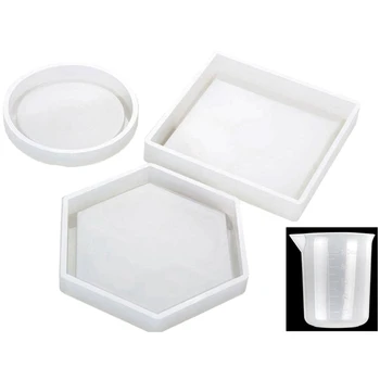 

Diy Silicone Coaster Resin Molds Epoxy Casting Molds Round, Hexagon And Square Mold With Nonstick Silicone Mixing Cup For Cast