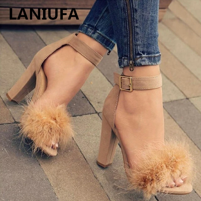 

Summer fur Women Pump High Heels Shoes Women ladies Classics Platform Peep Toe Square heel Wedding dress Pump shoes mujer #836