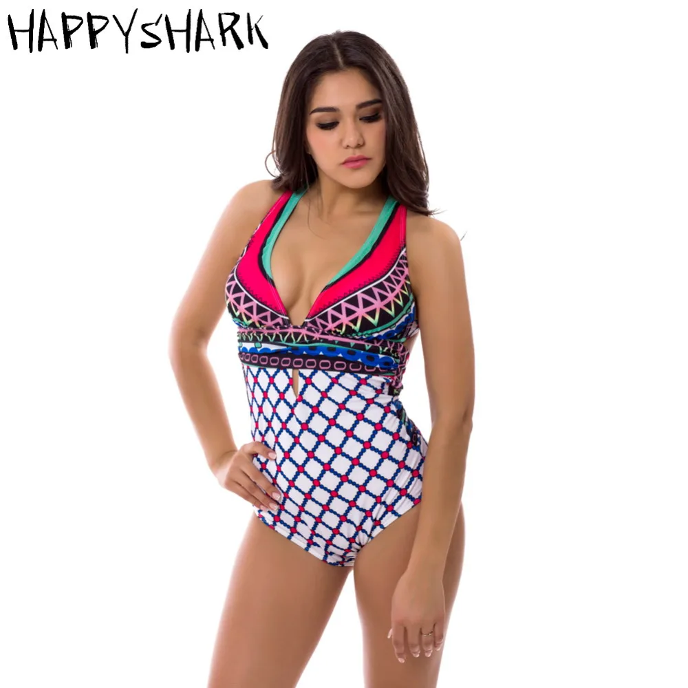 Женский купальник с глубоким v образным вырезом HAPPY SHARK винтажный Цельный