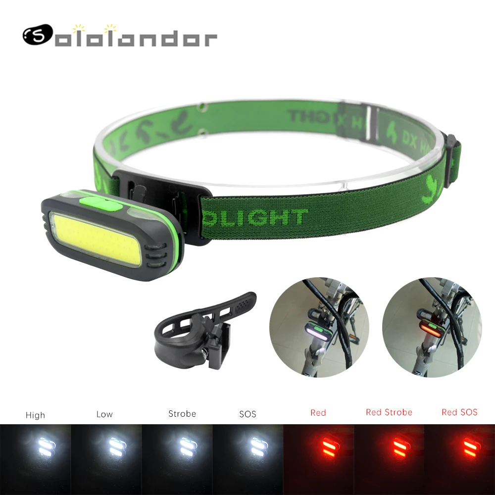 

SOLOLANDOR 2 in 1 Bicycle Light Flashlight 7 Modes Red light with Bike clamp&Lamp bracket LED COB Headlamp Forehead for Biking