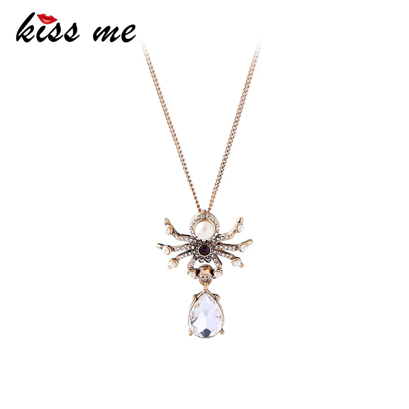

KISS ME Imitation Pearl Crystal Spider Water Drop Pendant Necklace Simple Women Insect Necklaces for Women Jewelry