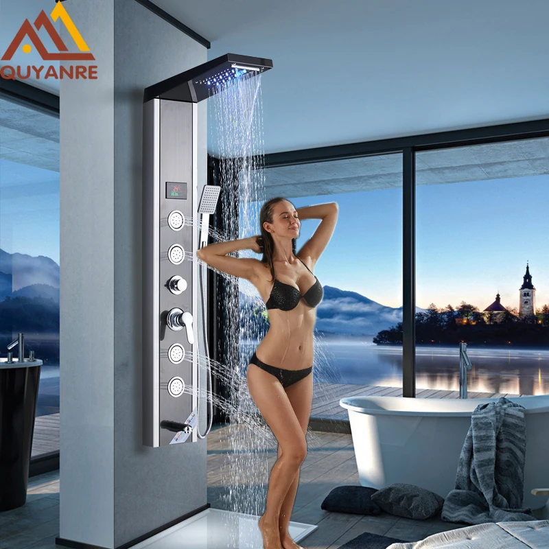 

Quyanre Led Digital Hydroelectricity Shower Head LED Rain Waterfall Shower 4 Spa Jets Digital Temp Display Tub Bathroom Shower