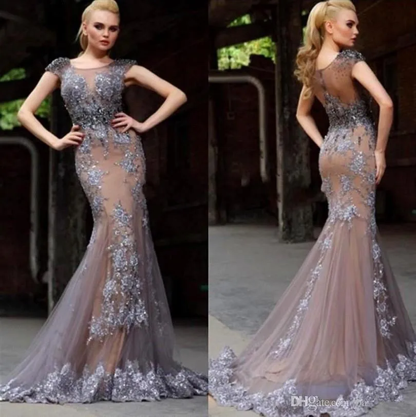 98-1    Hot Muslim Evening Dresses 2019 Mermaid Cap Sleeves Tulle Lace Beaded Islamic Dubai Saudi Arabic Long Evening Gown Prom Dress