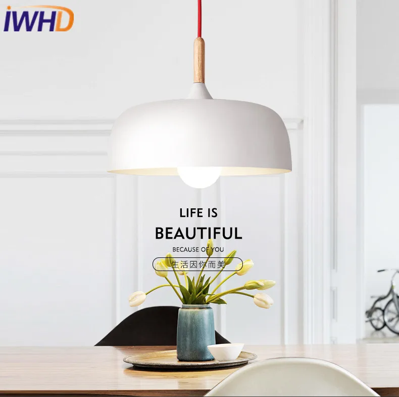 Lámpara colgante de hierro IWHD Iluminacion LED con luz fija para el hogar, lámpara colgante moderna de madera, lámpara colgante de moda Estilo nórdico, lámpara colgante de cocina