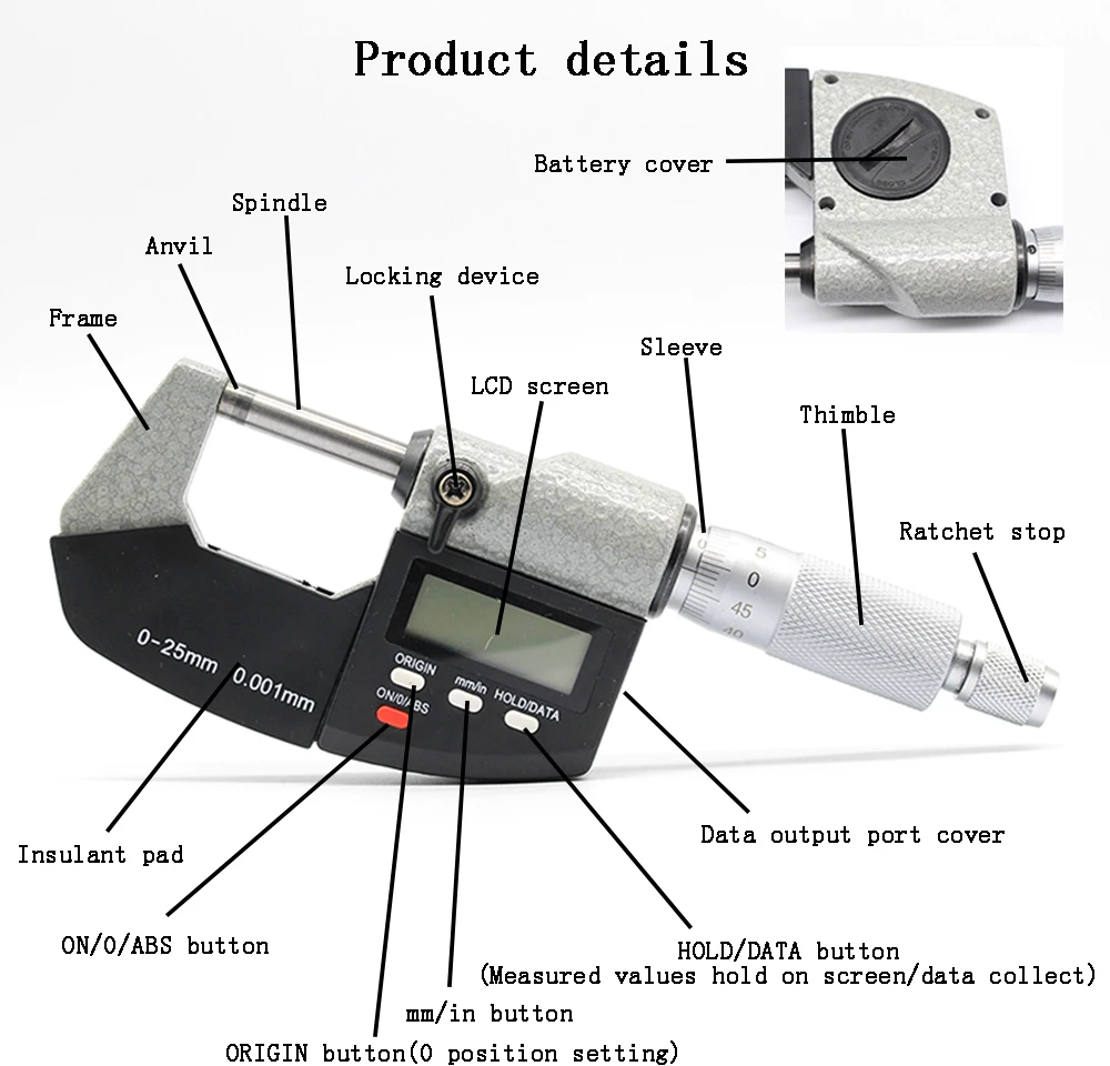 Высокоточный 0,001 мм аккумулятор CR2032 электронный Внешний диаметр микрометра 0-25 мм с ЖК-цифровым микрометром цифровой суппорт