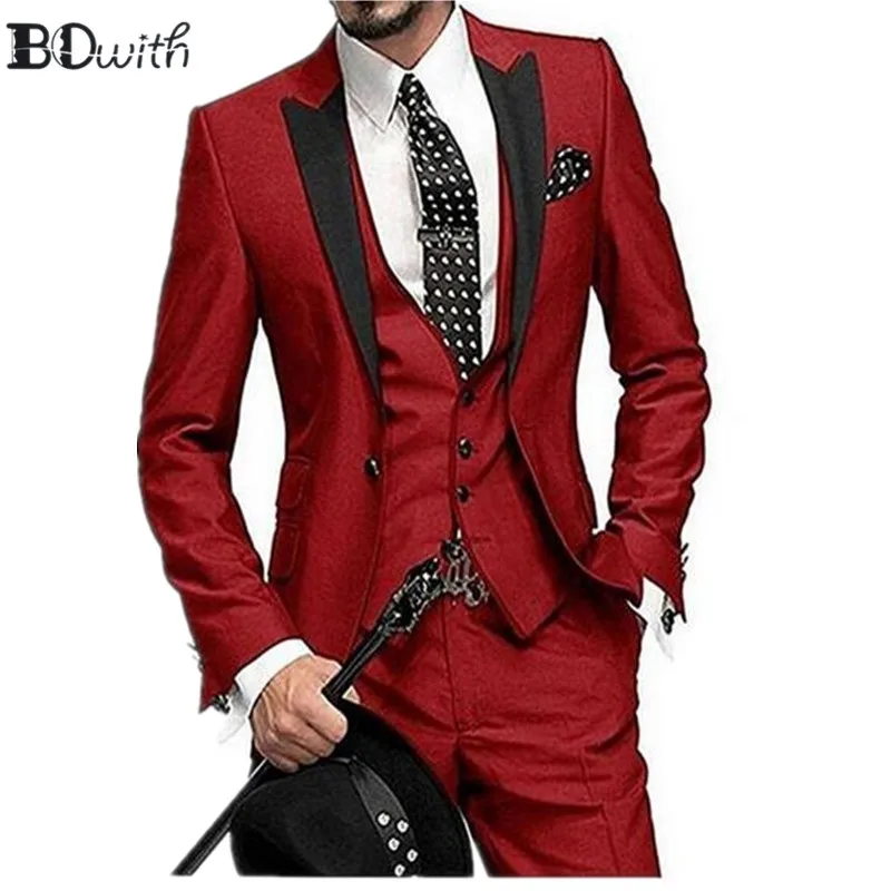 Свадебные мужской костюм максимумом нагрудные Красный Slim Fit Комплект из 3 предметов куртка+ брюки+ жилет для свадьбы парадный смокинг костюмы индивидуальный заказ