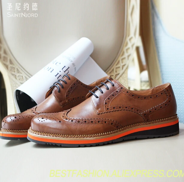

British style carved Bullock Oxford Italy shoes men's casual shoes round toe platform brogue shoes Black/Brown