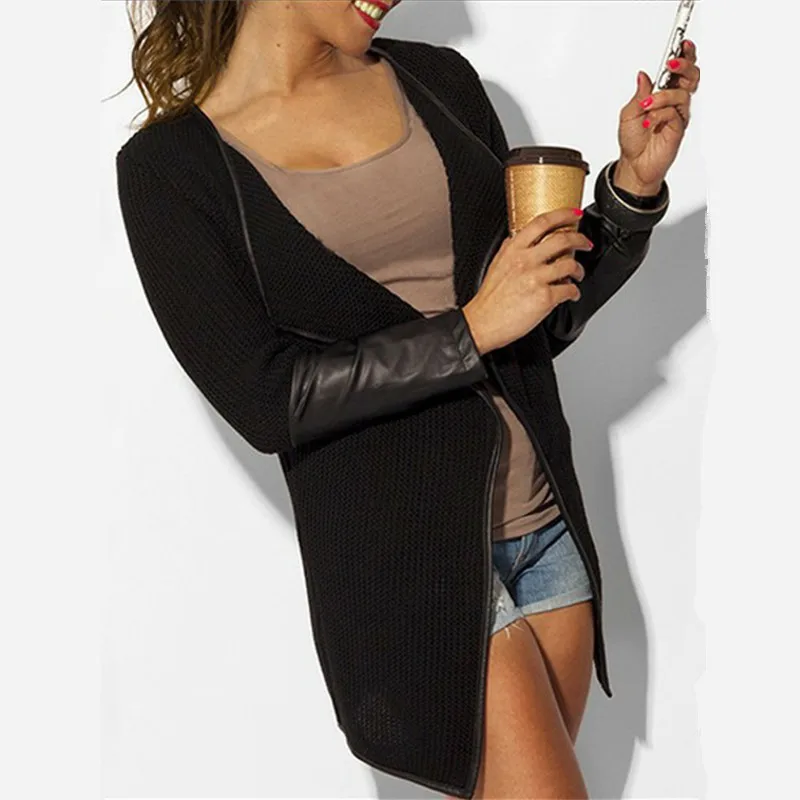 Most effective  jacket winter women Black and white long sleeved leather cardigan women jackets Slim Solid Outwear 