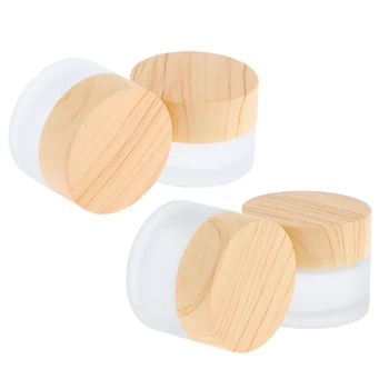 

2 Sizes Environmental Bamboo Lid Frosted Glass Bottle Cream Jars Empty Cosmetic Containers (4Pcs, 2 Per Size)