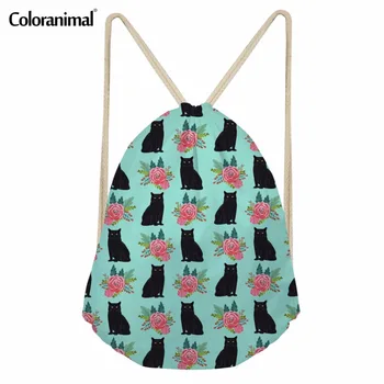 

Coloranimal 3D Puppy/Funny Black Cat Floral Print Women Drawstring Bag Fashion Fitness Shoes String Shoulder Bag Lady Cinch Sack
