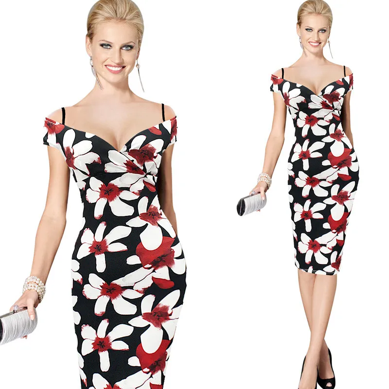 

Dress Vestidos Summer Women Plus Size Elegant Floral Print Check Cap Sleeve Tunic Work Business Casual Party Pencil Sheath 004