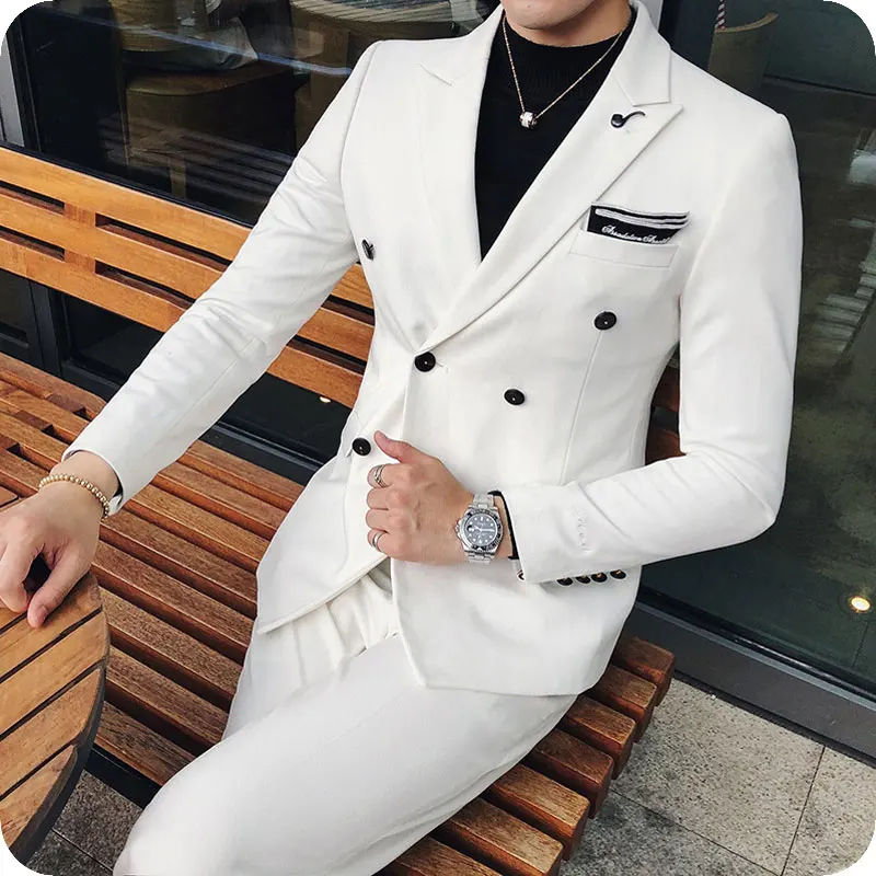 

White Men Suits Wedding Suits Double Breasted Casual Bridegroom Tuxedos Best Man Blazer Prom Slim Fit 2pieces Ternos Masculino