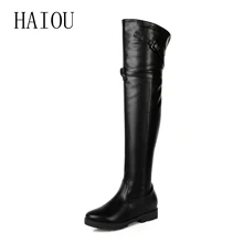 HAIOU Brands Hot Sale Pu+genuine Leather Boots Buckle Zipper Square Heel Autumn Winter Knee High Boots Fashion Ladies Shoes