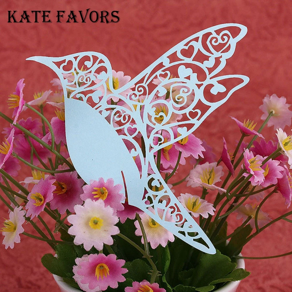 50 Pink Humming Bird Wine Glass Place Cards Wedding Name Party Table Decor 