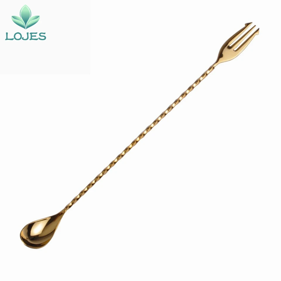 Stainless Steel 400mm Trident Barspoon Gold Plated Bar Spoons with Fork