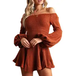 2019 осеннее женское платье с длинными рукавами с открытыми плечами, сексуальное мини-платье трапециевидной формы, однотонное платье с