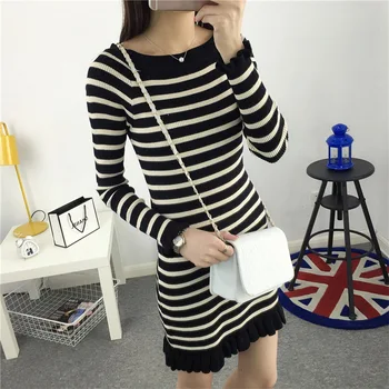 

2017 spring new Korean stripe lace, bottoming, long base shirt, sweater, coat, wool dress, bottoming skirt