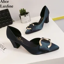 2016 Summer women pumps buckle black satin Square High-heeled shoes ladies D’Orsay casual shopping working Shallow single shoes