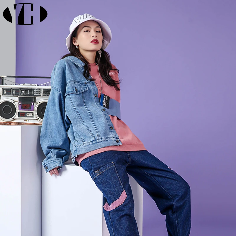 

2019 New fashion spring Fashion girls denim 2 piece sets patchwork new design brand tops with pants women hip hop street clothes