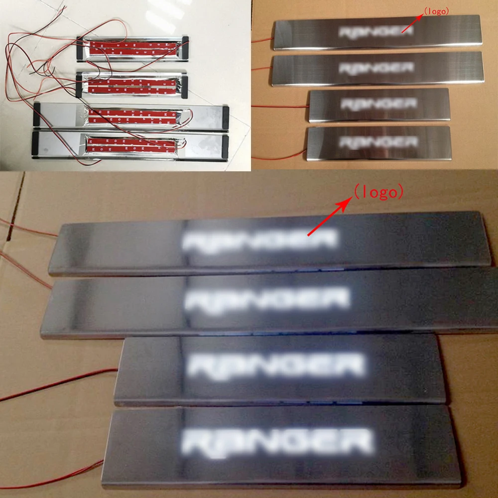 

4pcs/set Door Sill Case For Ford ranger T6 2012-2015 Stainless Steel Door Sill Scuff Plates Welcome light Pedal Chrome LED