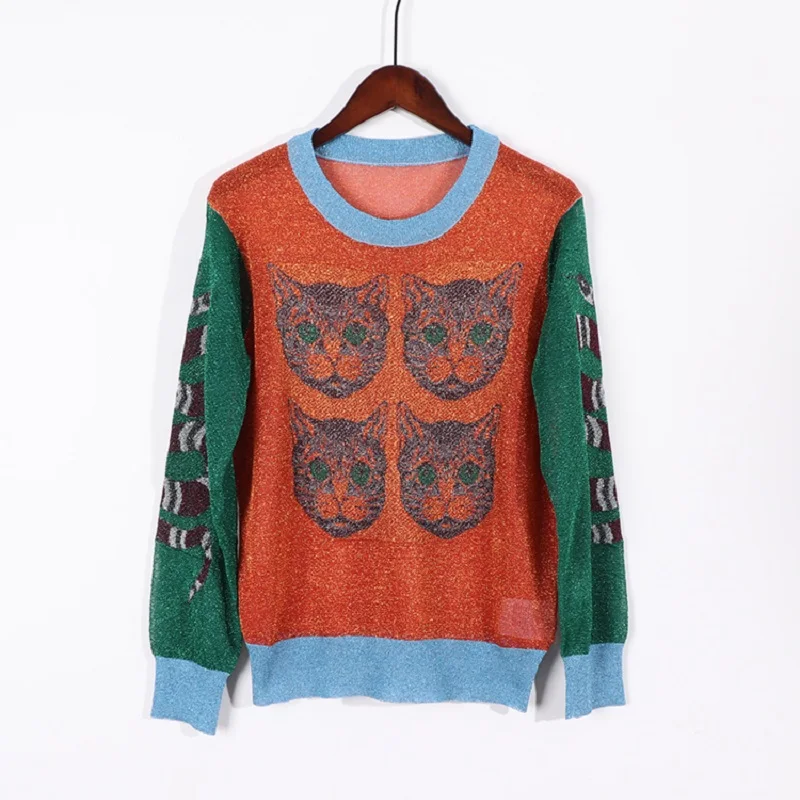 2020 Runway Design Ladys Snake Cat Jacquard Thin Jumper Clothes Summer Christmas Vintage Women Knitted Sweaters Pullovers | Женская