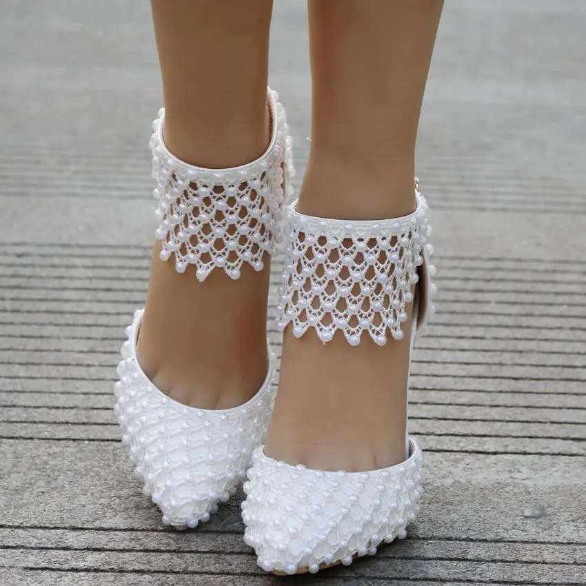 Large Size White Pearl Lace Mesh Wedding Shoes Stiletto