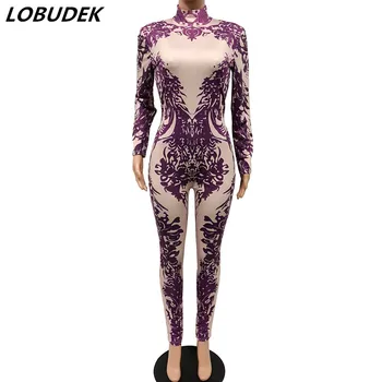 

Nightclub Women Sexy Pole Dancing Costume Bar Dancer DJ DS Stage Wear Lady Acrobatic Performance Purple Printed Leotard Jumpsuit