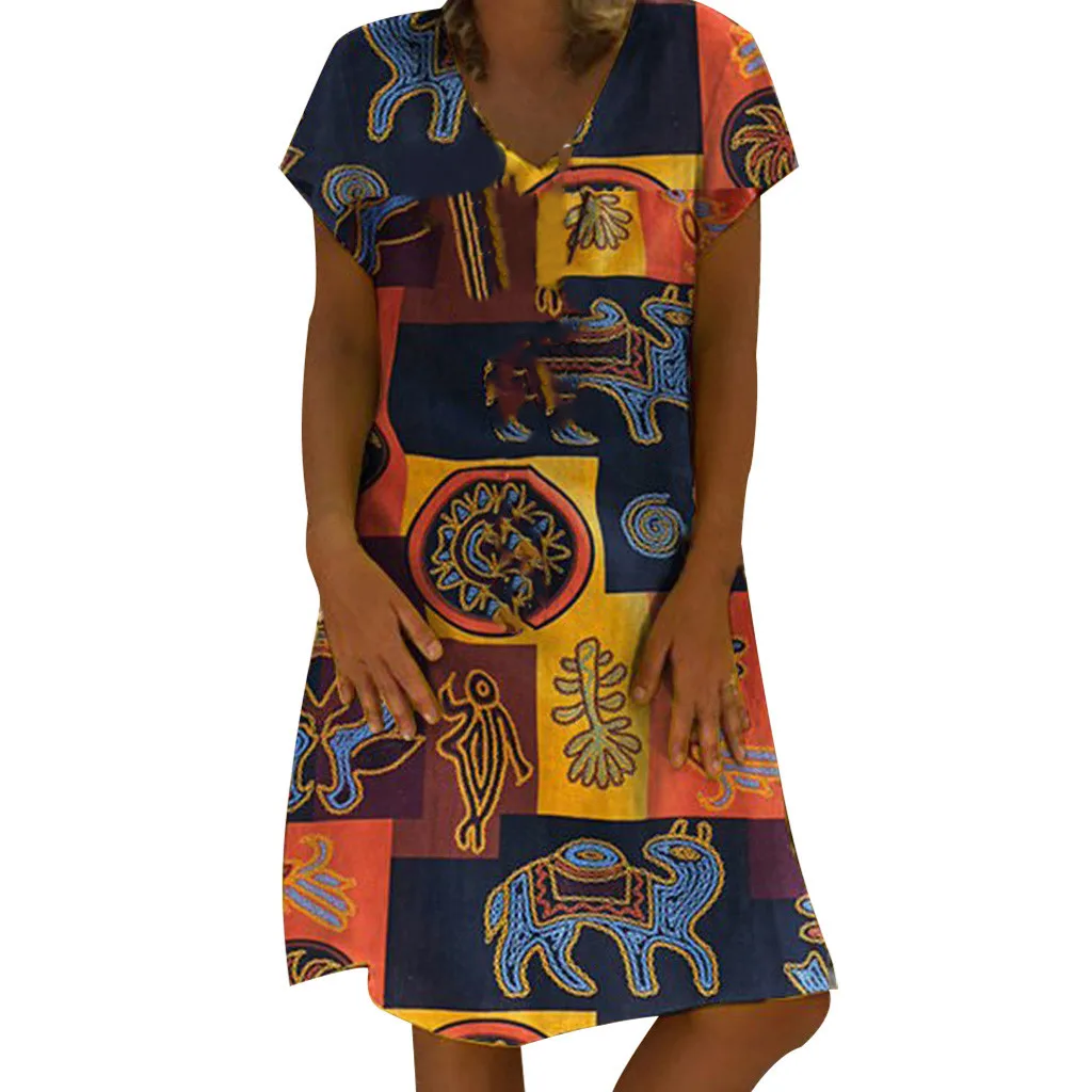 

Summer Women's Dress 2019 Women's Fashion Casual V-neck Retro Print Short Sleeve Dress Zip Polyester Dress vestido mujer verano