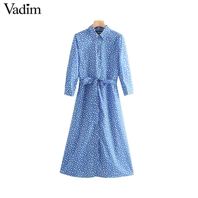 

Vadim women casual print midi dress bow tie sashes long sleeve female summer vintage Chic A line mid calf dresses vestidos QC382