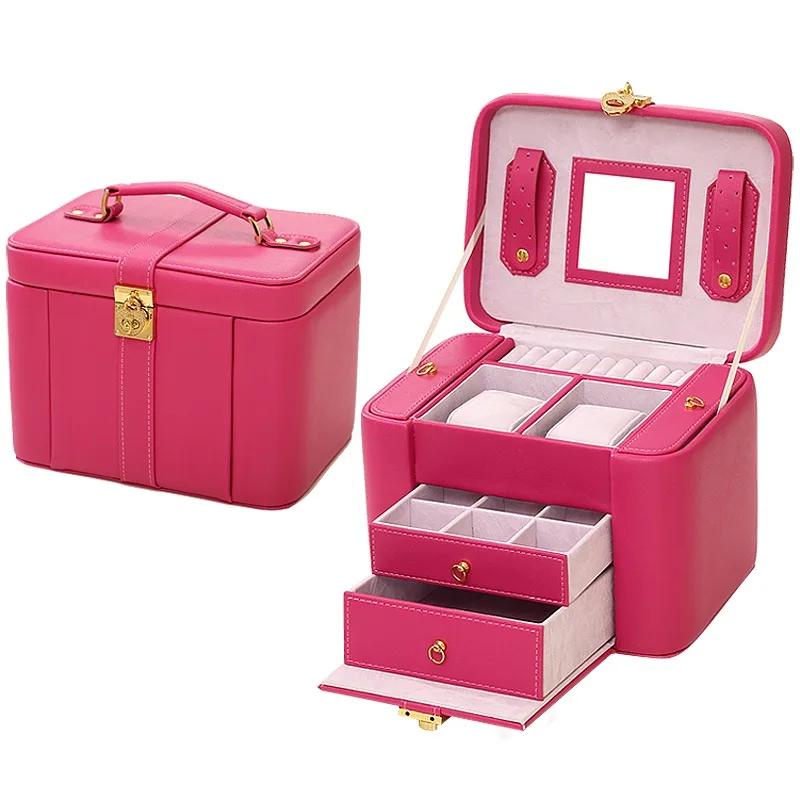 

*High-grade Leather JewelryBox Multilevel Jewelry Box With Lock+Mirror Jewelry Box Large Capacity Partitions Jewelry Storage Box
