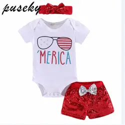 Puseky «любовь» из 3 деталей: Америка su Одежда для новорожденных девочек комплект из комбинезона с коротким рукавом блестками для девочек