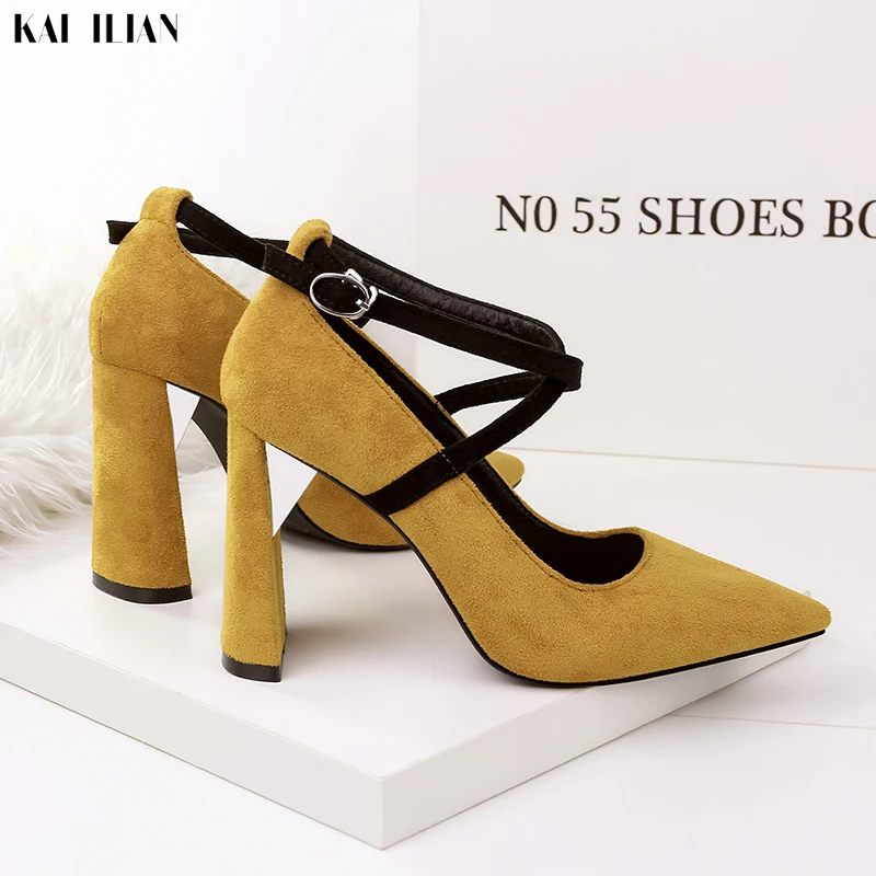 

Square heels shoes Women high heels 2019 cross-tied yellow pointed toe office ladies shoe ankle strap buckle Female Summer pumps