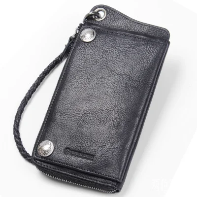 Vintage Cool Designer Genuine Cow Leather Men's Long Card Holder Phone Wallet With Braid Strap Male Large Black Clutch Purse Vintage Cool Designer Genuine Cow Leather Men's Long Card Holder Phone Wallet With Braid Strap Male Large Black Clutch Purse