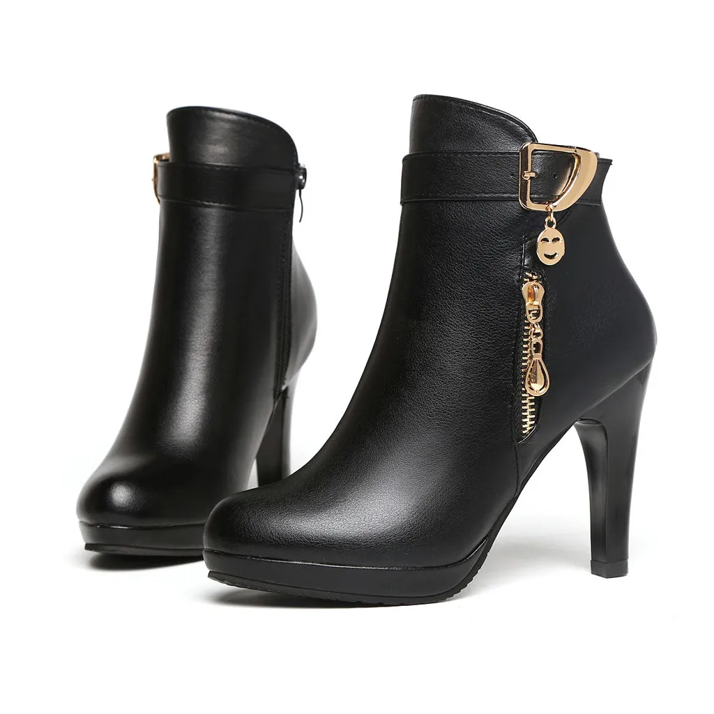 Зимние женские ботинки; кожаные ботинки; женская обувь на высоком каблуке; женские ботинки черного цвета; Botas mujer bota;