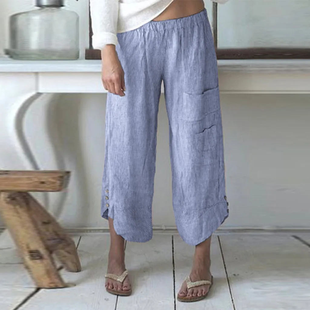 

Pants Women Plus Size Stripe Pocket Wide Leg Pantalones Mujer Cotton Linen Trousers Ninth Pants Casual Loose Solid Pants Women