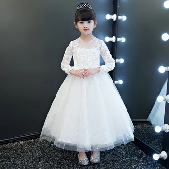 

New Children Girls Pure White Solid Color Children Girls Flowers Princess Lace Ball Gown Dress Wear For Birthday Wedding Party