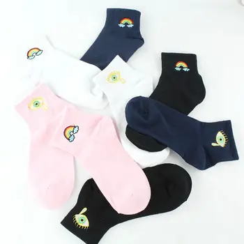 

Japan Harajuku Fashion Socks Women Creative Cartoon Embroidery Rainbow Eyes Pattern Cotton Funny Socks Calcetines Mujer