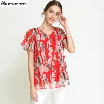 

Summer Chiffon Blouse Women Clothing Lace V-neck Short Sleeve Abstract Pattern Print Shirt Tops Plus Size 5XL 4XL 3XL 2XL XL L M