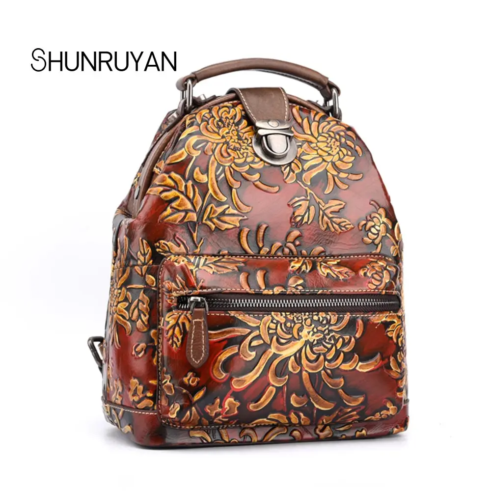 

SHUNRUYAN New Famous brand Women Handmade Floral Printing school bags cowhide leather Small Laptop Backpacks trend Lady bags