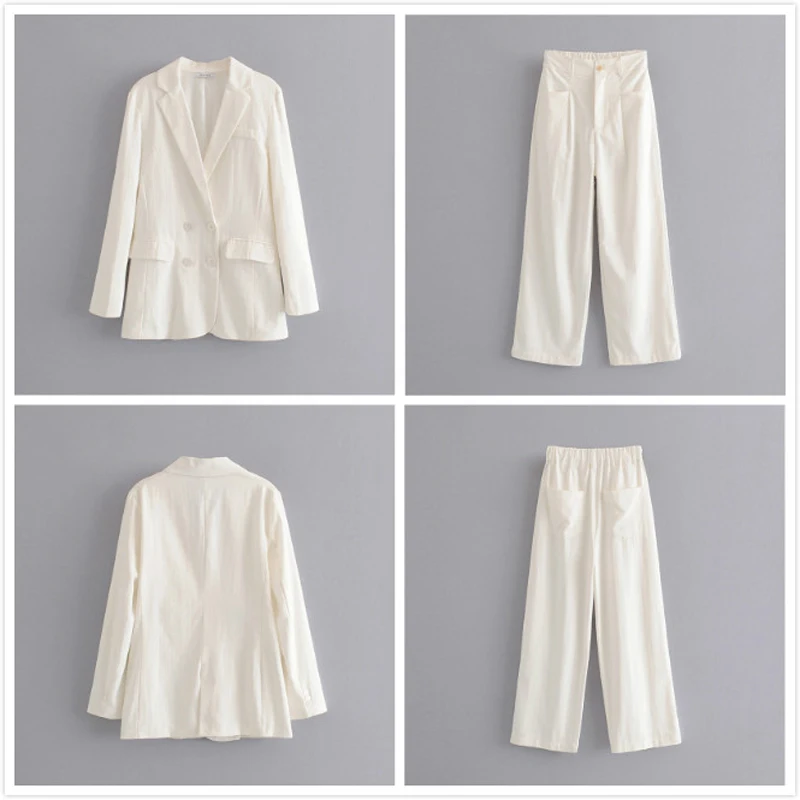 White Women's Pant Suit Double Breasted Notched Office Lady Blazer Jacket & Trouser Female Suits Long Sleeve 2 Piece Set Women