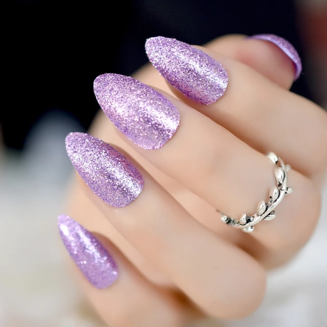 Shining Purple Almond Stiletto Fake Nails Pointed 3D Sparkly Glitter  Manicure False Nails Full Office Bride Wear Sticker Tips _ - AliExpress  Mobile