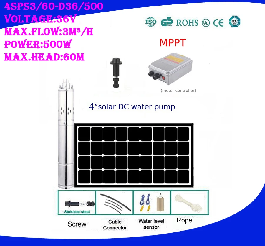 

Free Shipping DC 36V 500w Solar Water Pump Agricultural Irrigation With MPPT Function 3 Years Warranty 4SPS3.0/60-D36/500