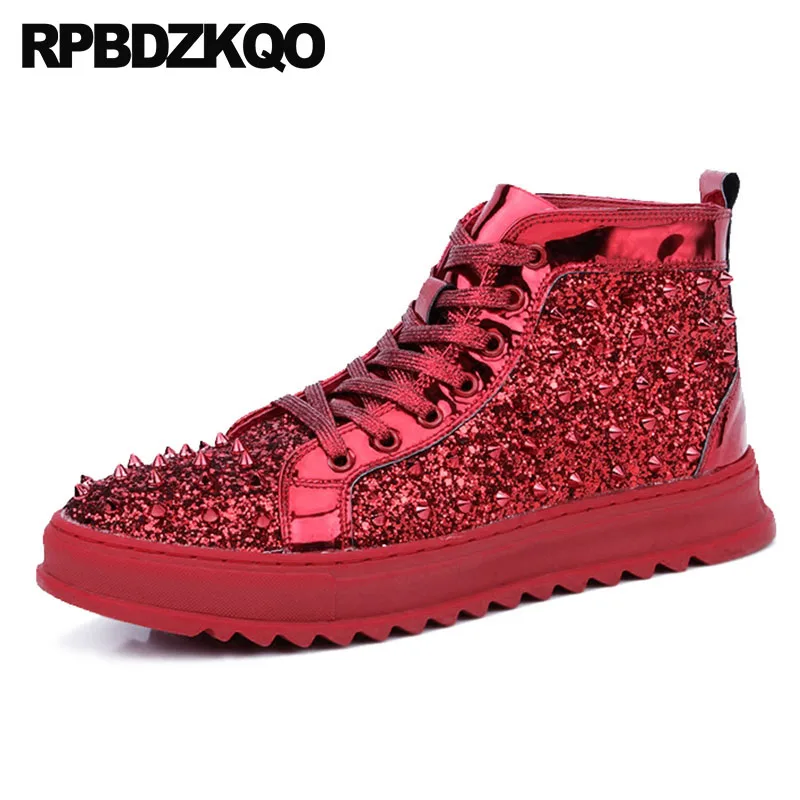 

stud booties sneakers embellished high top designer shoes men quality lace up glitter trainer autumn red party rivet boots 2018